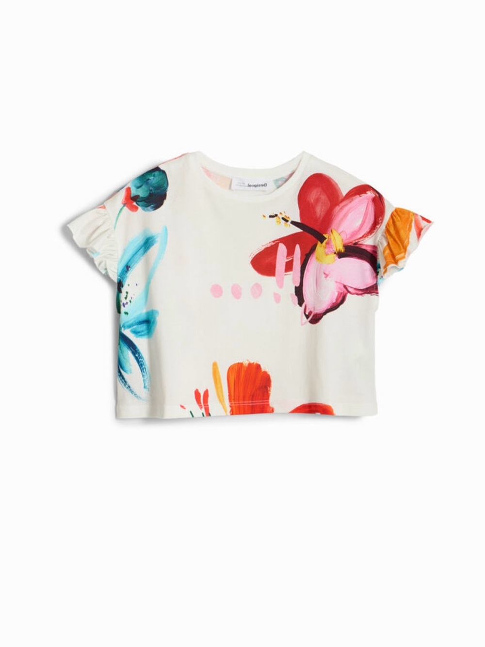 Desigual White Tee with Multicolor Floral  100% cotton